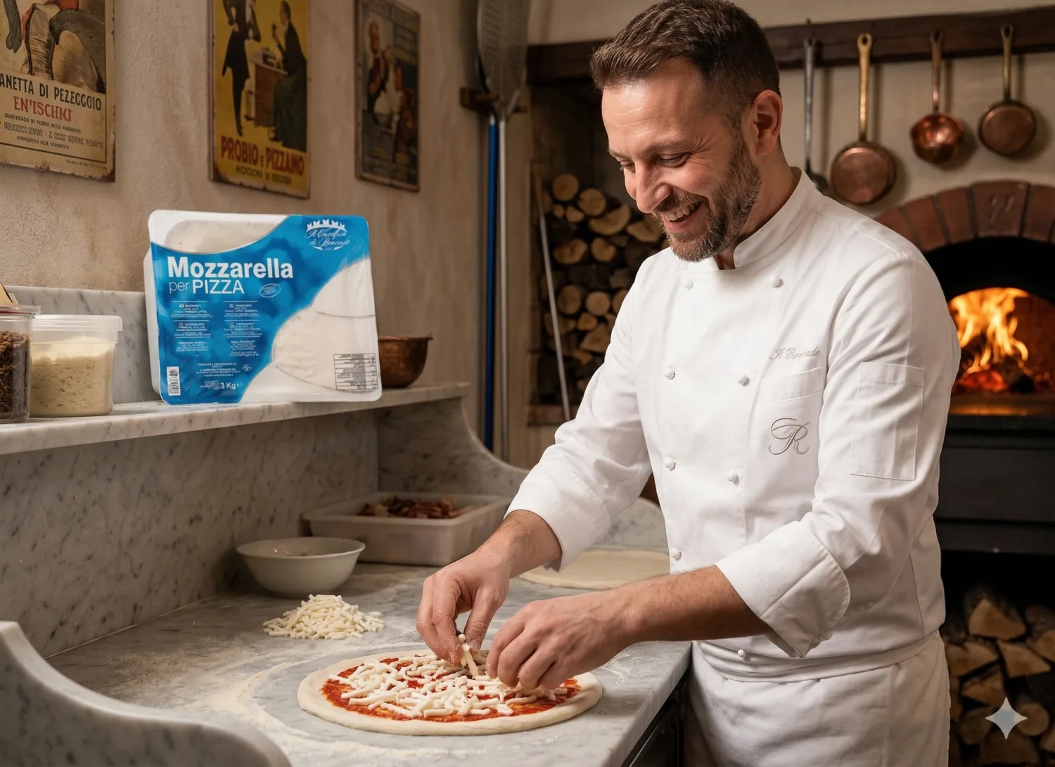 Pizzaiolo prepara una pizza con mozzarella davanti al forno a legna