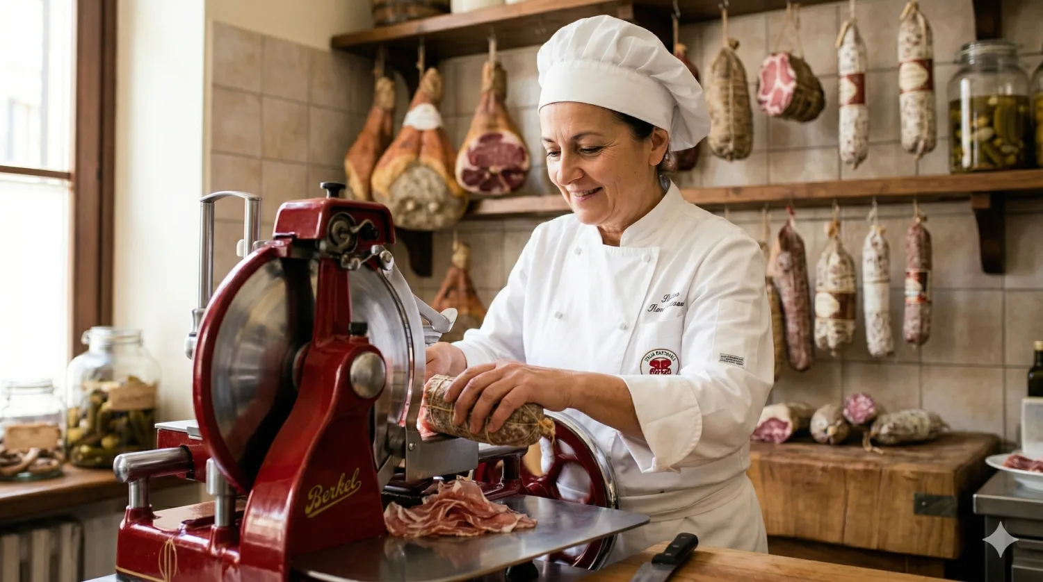 Chef affetta salame artigianale con affettatrice tradizionale